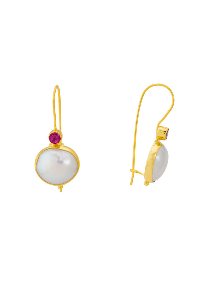 Natural Freshwater Pearls with Pink Tourmalines in 18k Solid Yellow Gold