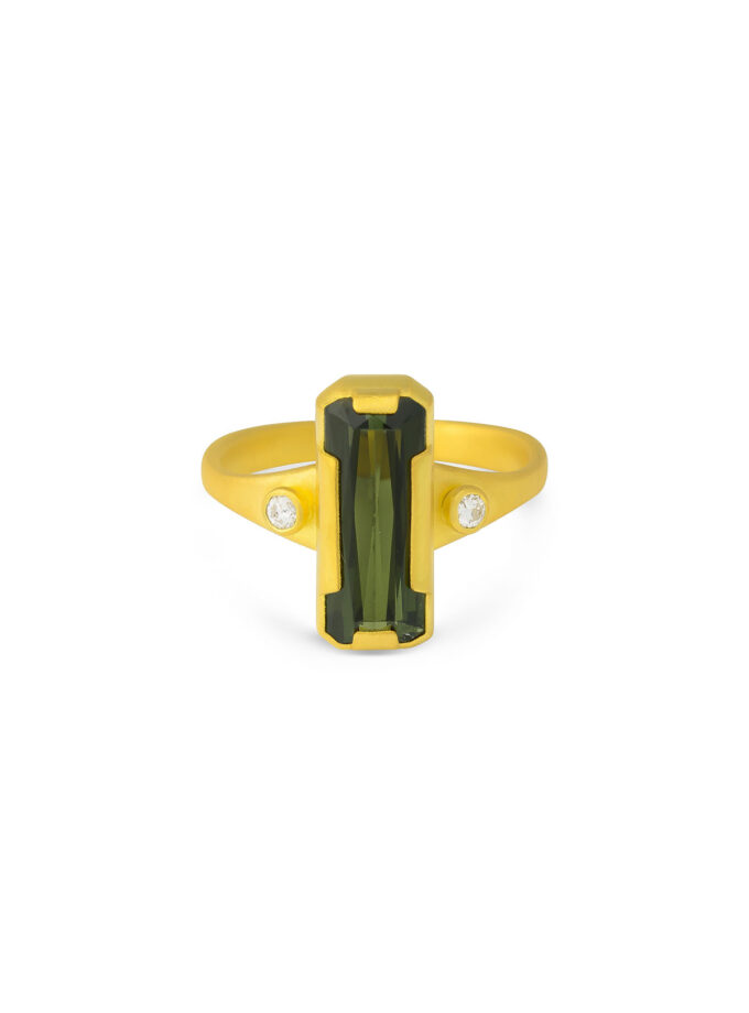 Natural green Tourmaline and brilliant cut Diamonds Ring in 18k Solid Yellow Gold
