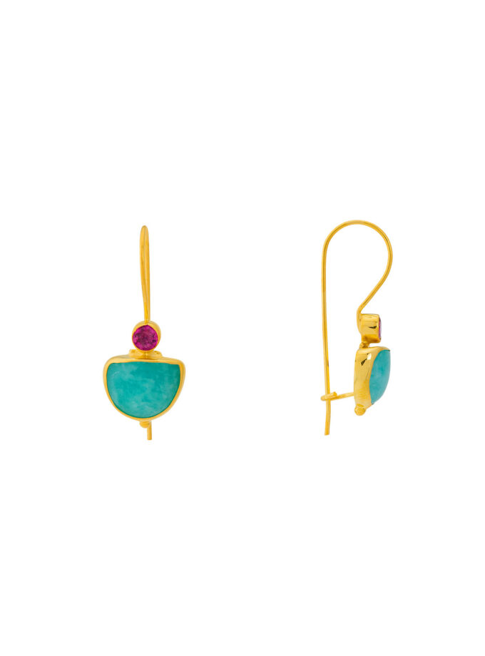 Natural Amazonite with Pink Tourmalines earrings in 18k Solid Yellow Gold