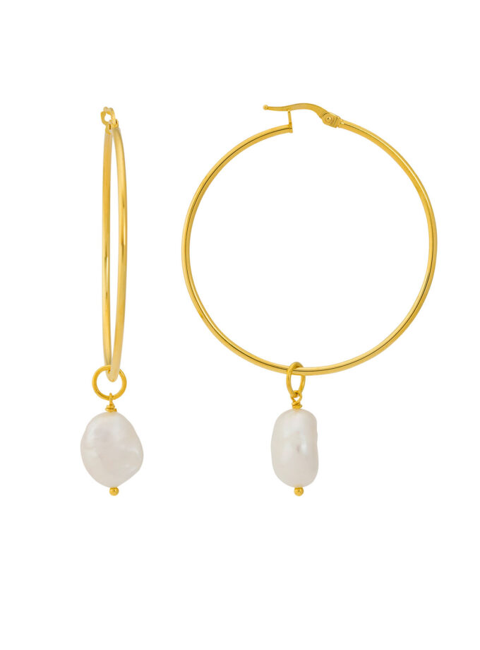 Freshwater Pearls Hoop Earrings in 14k Solid Yellow Gold