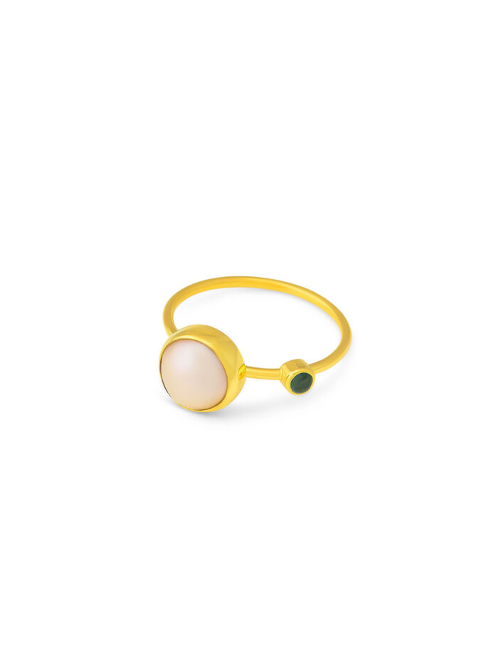 Freshwater Pearl and Natural green tourmaline Ring in 18k Solid Yellow Gold