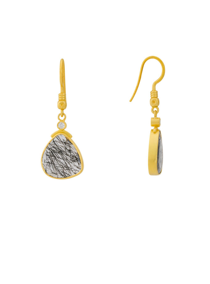 Natural Black Rutilated Quartz and Diamond 18k Gold Earrings
