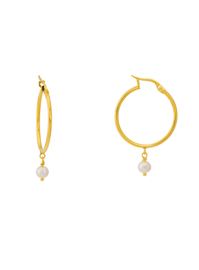 Hoop earrings in 14k Solid Yellow Gold with natural pearls