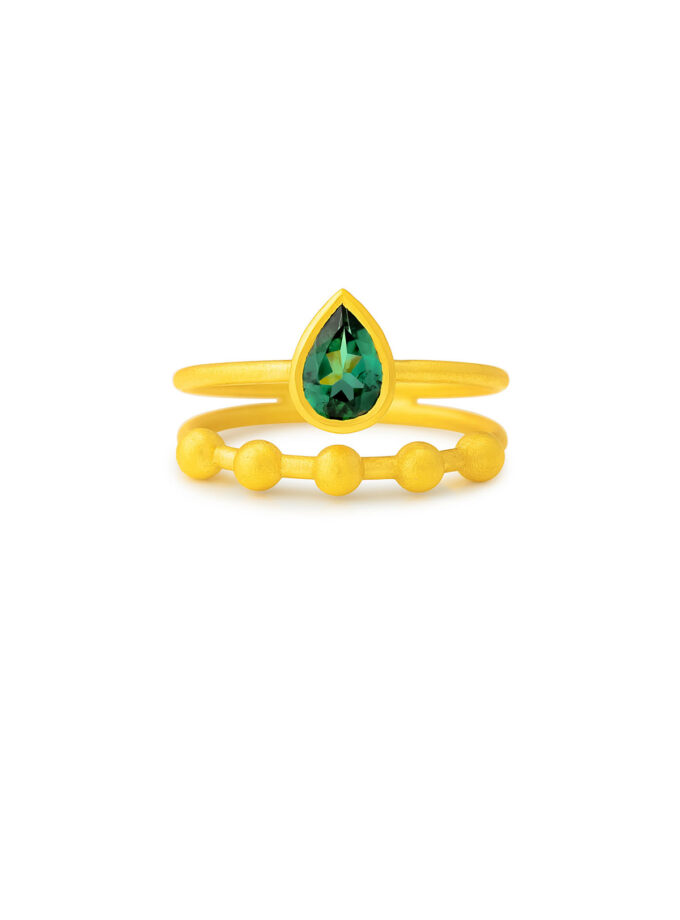 Bluish-Green Pear Shaped Tourmaline Ring in 18k Solid Yellow Gold