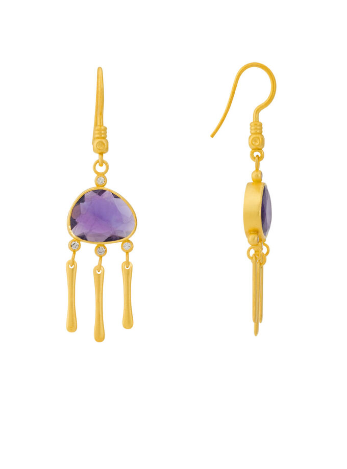 Natural Amethyst and Diamond Earrings in 18k Solid Yellow Gold
