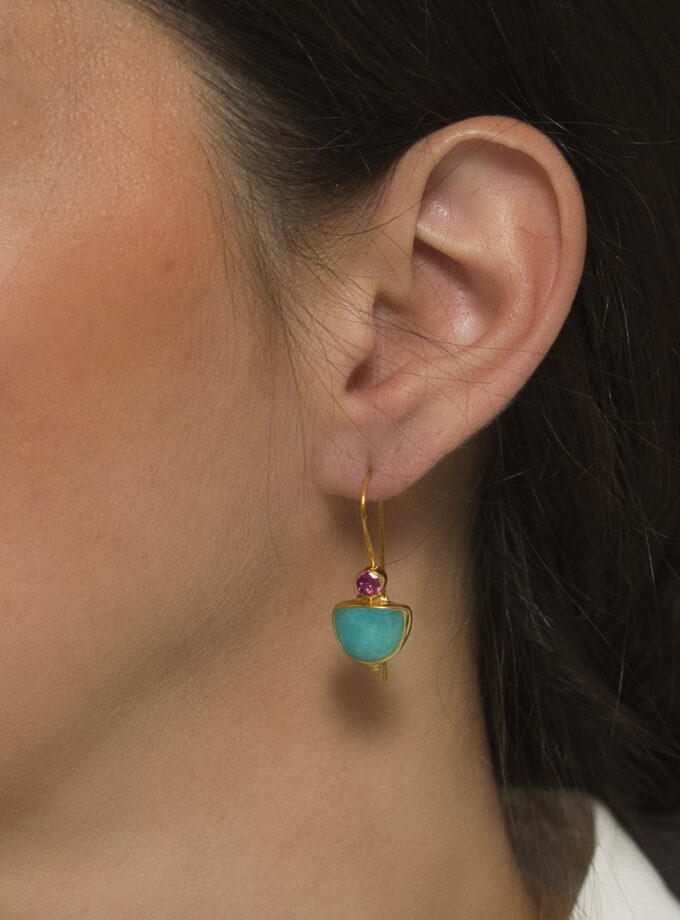 Natural Amazonite with Pink Tourmalines earrings in 18k Solid Yellow Gold