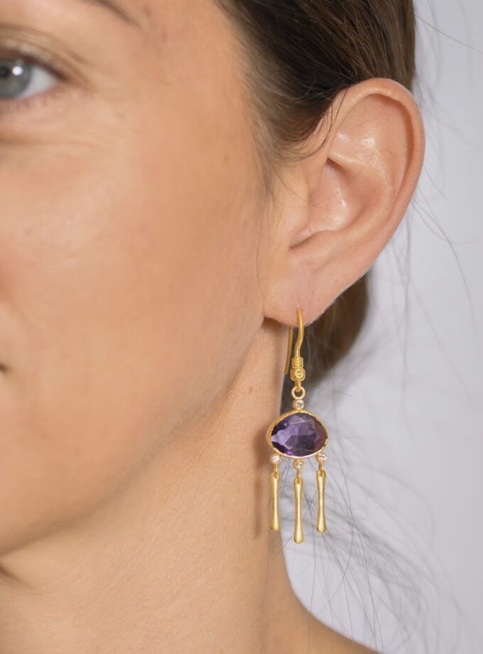 Natural Amethyst and Diamond Earrings in 18k Solid Yellow Gold