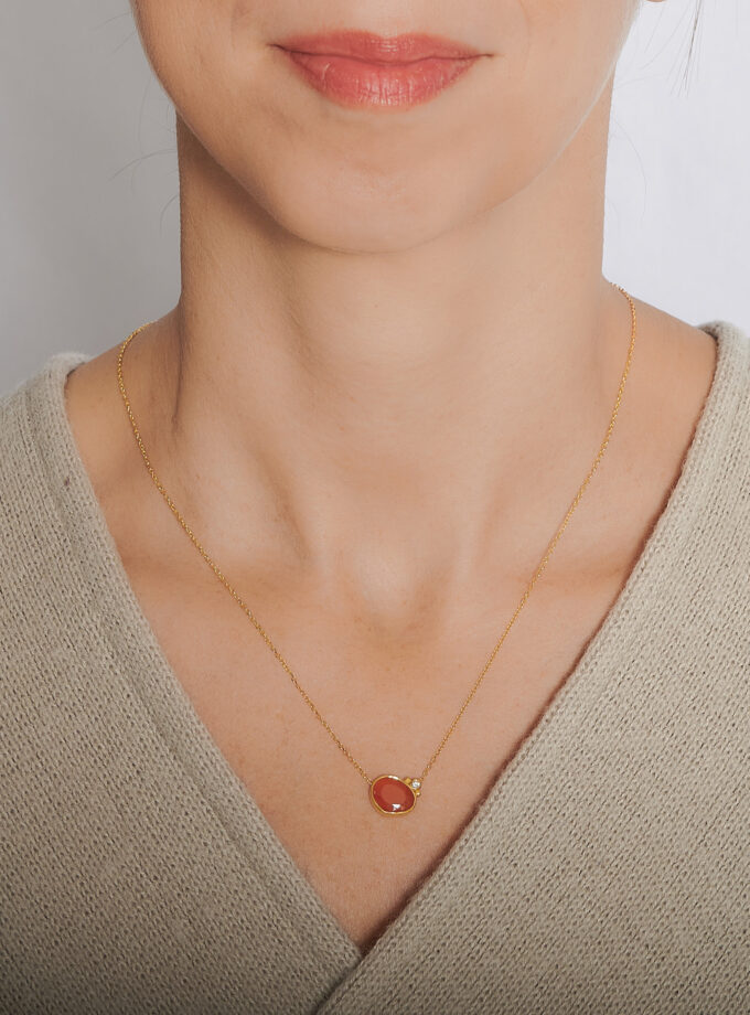 Natural Carnelian and Diamond 18k Gold Necklace