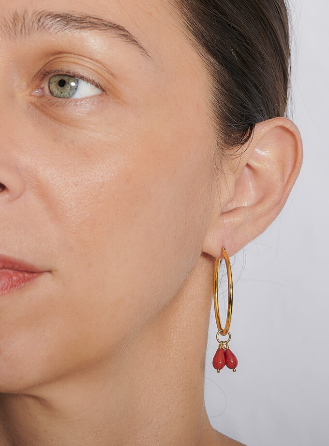 Natural Coral Drops in 14k Gold Hoop Earrings