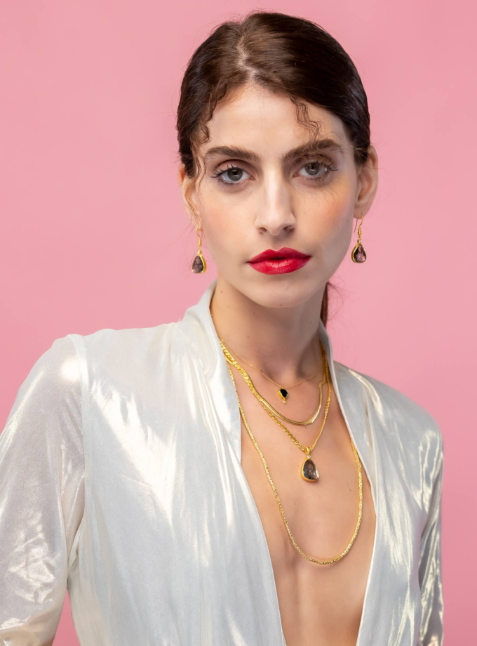 Natural Black Rutilated Quartz and Diamond 18k Gold Earrings