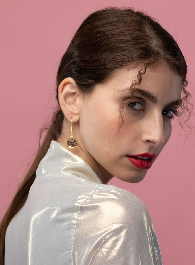 Natural Black Rutilated Quartz and Diamond 18k Gold Earrings