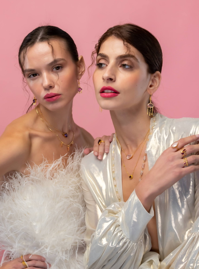 Two Band Pink Tourmaline Ring in 18k Solid Yellow Gold