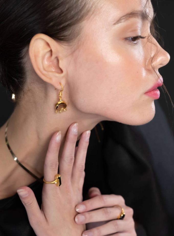 Natural Smoke Quartz and Diamond Earrings in 18k Solid Yellow Gold